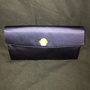 Vintage satin navy clutch/ gold flower accent